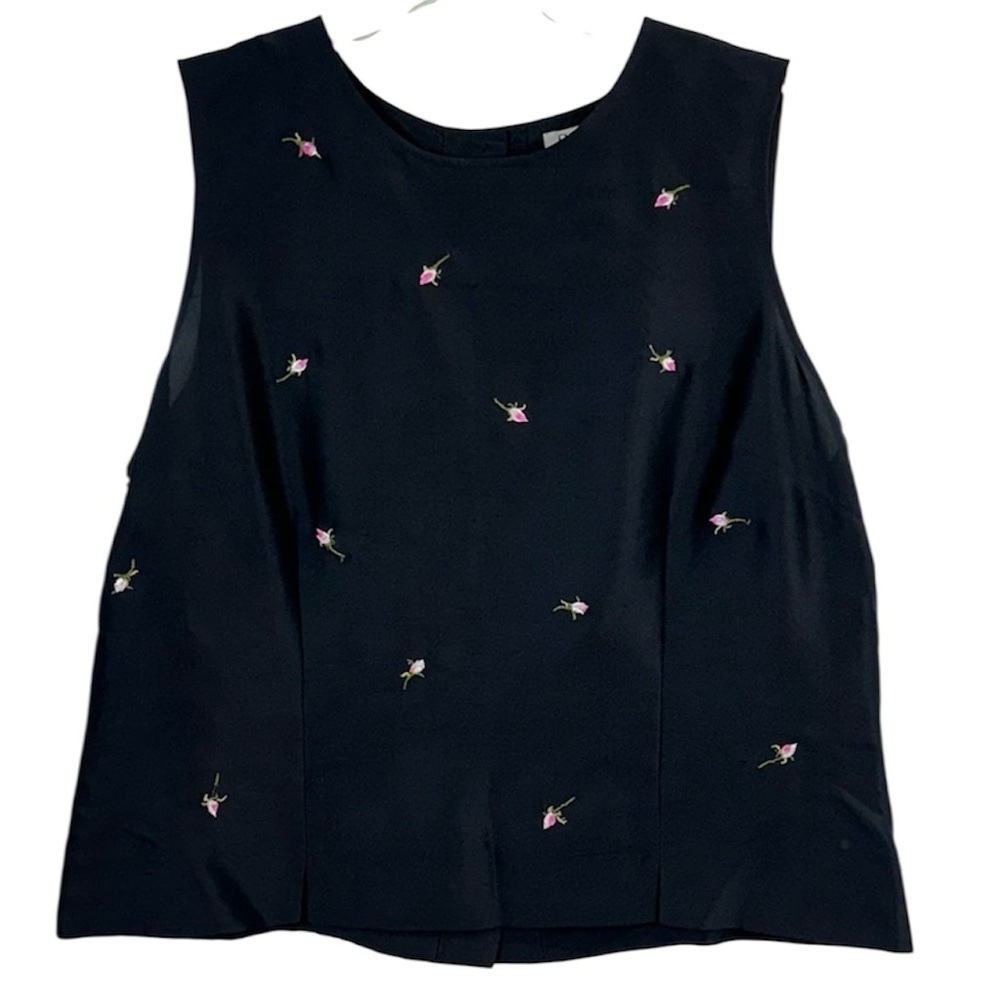 Vintage Silk Black Embroidered Rosebud Top Sz 12